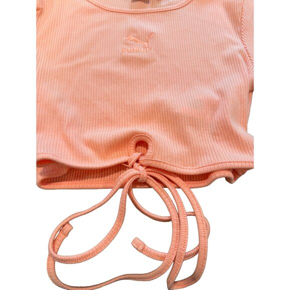 Puma Classic Fit Ribbed Crop Tee Pink Peach String Tie Bottom Hem Women's Large - Picture 5 of 6